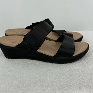 Crocs A Leigh Sandals Slides Wedge Women's 9 Leather Black Double Strap Comfort